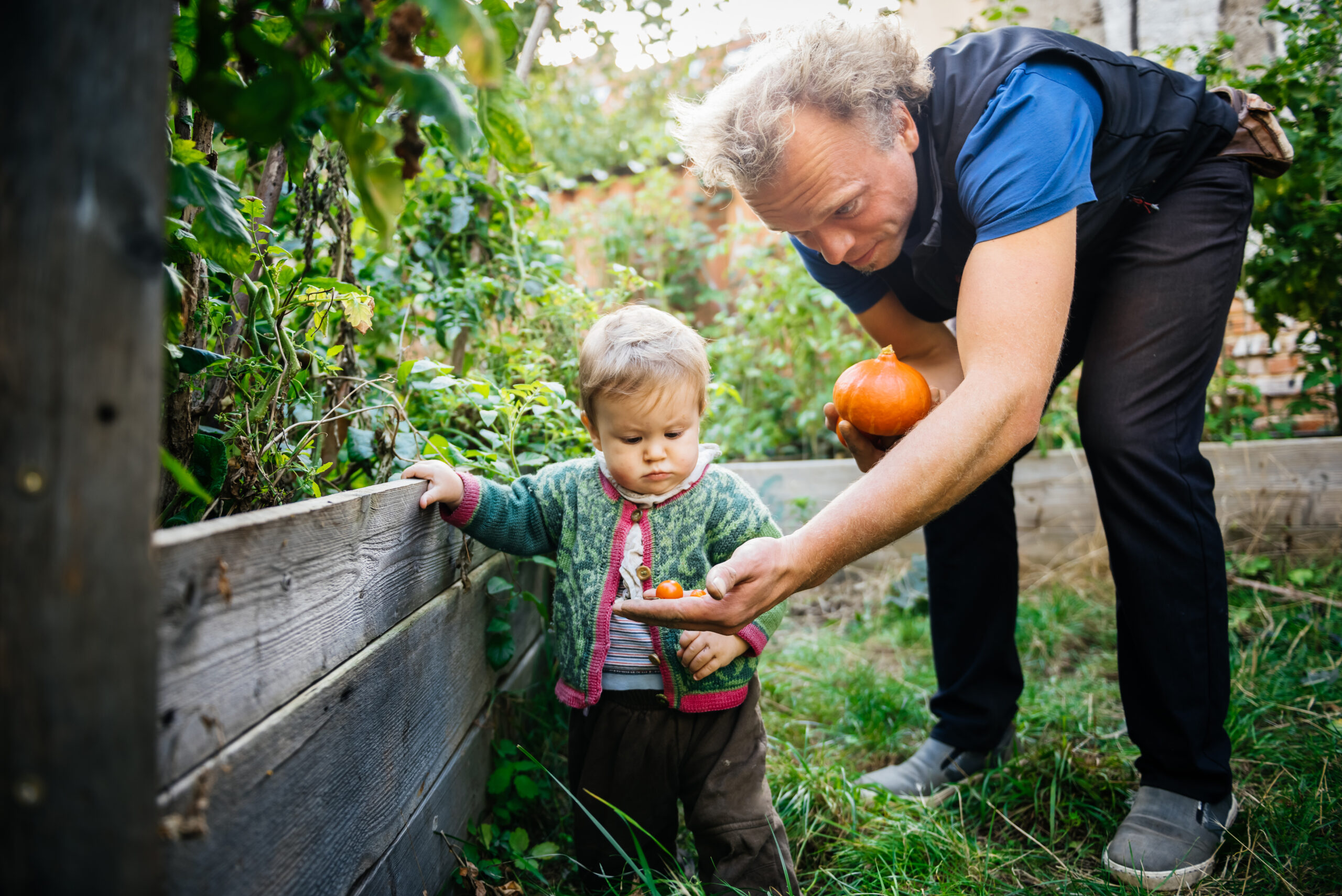 Father and son in community garden